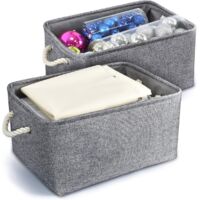 Cesti portaoggetti pieghevoli in tessuto di lino e cotone con manici intrecciati, ideali per ufficio, casa, giocattoli e come organizer, 2 pezzi (grigio, M: 36x26x16 cm)