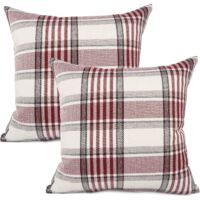 Federa decorativa in cotone e lino stile retrò rustico con motivo tartan Buffalo, per divano, 45 x 45 cm, set da 2, rosso/a righe.