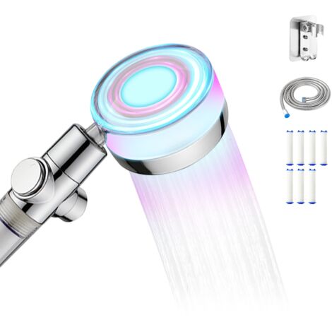 Alcachofa de Ducha LED Alta Presión con Filtro Purificador - Botón Stop y Cabezal Giratorio 360° - Incluye Flexo 1.5m, Soporte y 7 Filtros PP