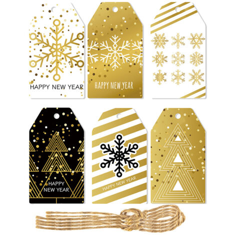 Etiquetas de regalo de papel con la frase "Feliz Año Nuevo", etiquetas negras y doradas con cordón para decorar regalos de Año Nuevo 2025. (1/5)