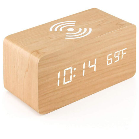 Reloj despertador de madera con cargador inalámbrico Qi compatible con iPhone y Samsung. Reloj digital LED de madera con control de sonido, visualización de hora, fecha y temperatura, ideal para el do (1/5)