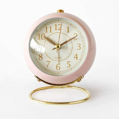 Mini reloj despertador analógico de cuarzo silencioso de 7,6 cm con luz nocturna y esfera grande (rosa). (1/5)