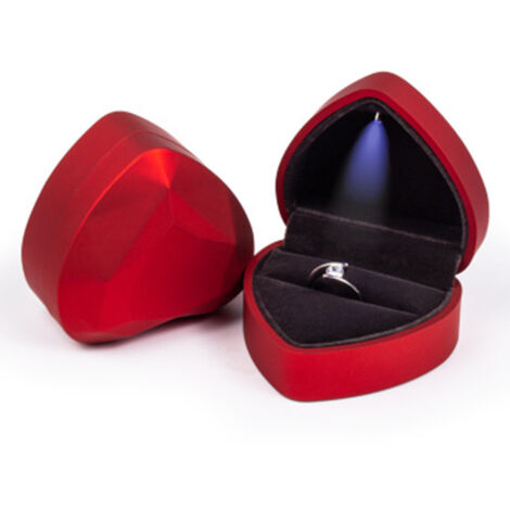 Caja para anillos con forma de corazón, organizador de joyas con soporte de terciopelo y luz LED, perfecta para regalos de cumpleaños, bodas y más, color rojo.