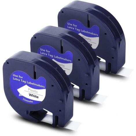 Cinta de etiquetas de repuesto compatible con los recambios DYMO LetraTag 91330. Impresión en negro sobre papel blanco. Cinta autoadhesiva de 12 mm x 4 m (1/2" x 13"), paquete de 3 unidades. (1/5)
