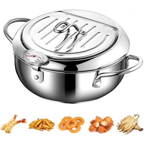 Freidora de acero inoxidable de estilo japonés con tapa termostática y escurridor de aceite. Sartén antiadherente para cocinar. (1/5)
