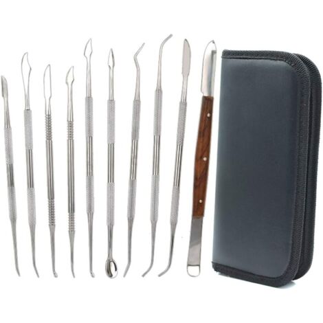 10 herramientas de acero inoxidable de doble punta para esculpir cera en arcilla, kit de herramientas para cerámica DIY, espátula, cincel y estuche de transporte. (1/5)