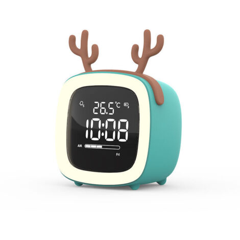Réveil lumineux pour enfants, motif cerf bleu, chargement silencieux, luminosité réglable, ambiance apaisante. (1/4)