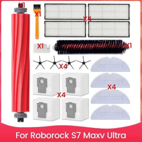 Accès aux pièces de rechange pour le Roborock S7 Maxv Ultra : brosse latérale principale, filtre HEPA, lingette, sac à poussière (1/5)