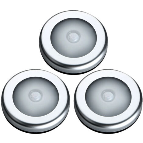 Lot de 3 lampes rondes blanches en plastique avec détecteur de mouvement à 6 LED, lumière blanc argenté, veilleuse active, lampe de placard/couloir. (1/5)
