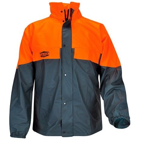 Veste de pluie pour travaux forestiers bi-color 100% PU dos rallongé avec gouttiere capuche dans col - SOLIDUR - Orange / Vert - L - taille: L