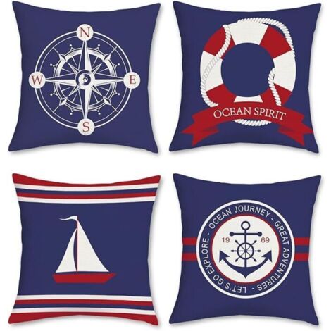 SHINING HOUSE Set mit 4 Kissenbezügen, 45 x 45 cm, nautischer Anker, Kompass, Segelboot, blaues und rotes Polyester-Leinen, dekorativer Kissenbezug für Sofabetten, Stühle, Autos, Wohnzimmer, Heimdekor