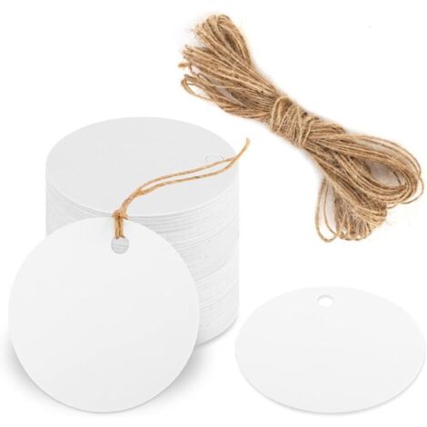 SHINING HOUSE 100 Stück Kraftpapier-Anhänger, weiße runde Kraftpapier-Anhänger, Weihnachtsgeschenkanhänger, 5 cm, leere Kraft-Hängeetiketten mit 20 m Juteschnur für Hochzeit, Party-Geschenk, Preise, B