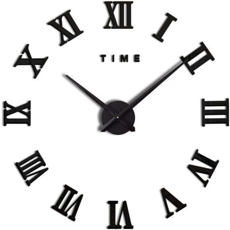 SHINING HOUSE Moderne DIY große Wanduhr römische Ziffer große Uhr 3D Aufkleber Wanduhr Uhr Home Office Dekor abnehmbar (Batterie nicht im Lieferumfang enthalten) Schwarz