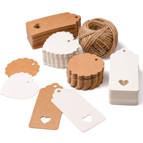 SHINING HOUSE Geschenkanhänger, 200 Stück, braune und weiße Kraftpapieranhänger, leere, rechteckige, runde, herzförmige Anhänger, Anhänger für Hochzeitsgeschenk, Weihnachtsfeier, 26 m Juteschnur