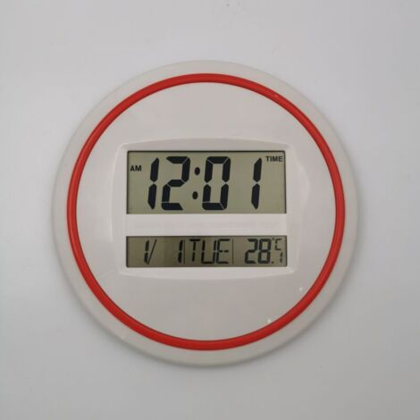 SHINING HOUSE Runder elektronischer Wecker, großes LCD-Display, geräuschlose Wanduhr, Schreibtischuhr, Zeit-/Alarm-/Datums-/Wochen-/Temperaturanzeige