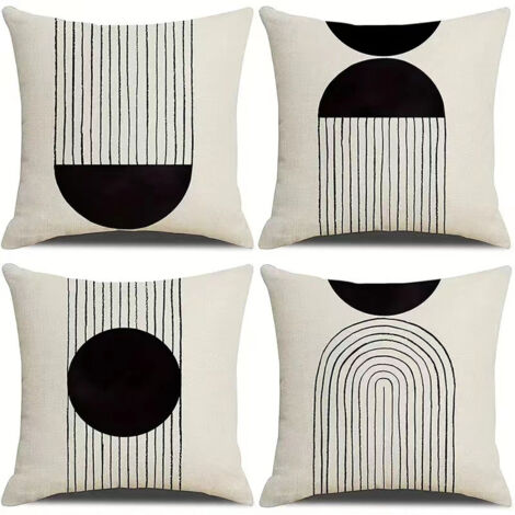 SHINING HOUSE Boho-Kissenbezug, 45 x 45 cm, 4er-Set, Schwarz-Weiß-Mid-Century, abstrakter geometrischer Bogen, Sonne, dekorativer Kissenbezug, moderner, minimalistischer Leinen-Kissenbezug für Sofa, H