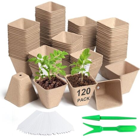 Biologisch abbaubare Anzuchttöpfe, 120 Stück 8 cm große Pflanztöpfe, abbaubare Anzuchttöpfe + 30 Pflanzenetiketten + 2 Umpflanzwerkzeuge, kleine Töpfe zum Pflanzen von Blumensamen
