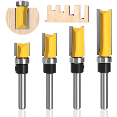 Lntyq Schaft-Bündigfräser-Bits, 4 Stück 6,35 mm Schaft-Bündigfräser-Bits, professionelles Zubehör mit Kugellagern, Holzbearbeitungswerkzeuge, Fräser