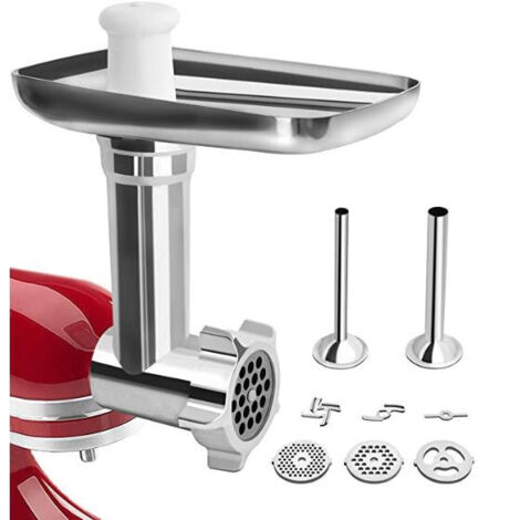 Kitchenaid Fleischwolf-Zubehör, KitchenAid Fleischwolf für Küchenmaschine, mit 3 Mahlplatten und 2 Füllrohren für Kitchenaid Artisan Fleischwolf