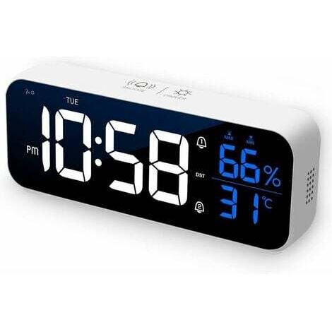 Tigrezy -Digitaler Wecker, LED-Digitalwecker mit Alarm-/Schlummer-/Temperatur-/Soundsteuerungsfunktionen, digitaler Wecker, 12/24-Stunden-USB-wiederaufladbarer Spiegel für Schlafzimmer, Büro, Weiß (1/5)