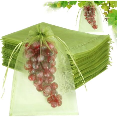 100 Stück Obstschutzbeutel 20 x 30 cm, grüne Netzabdeckungsbeutel mit Kordelzug, Netz-Obstschutz, Schädlingsbarriere für Trauben, Mangobäume, Gemüse, Garten