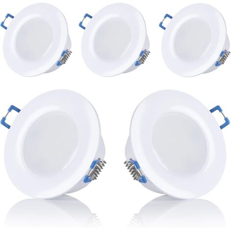 Set mit 5 LED-Einbaustrahlern für Badezimmer, IP44, 230 V, ultraflach, 5 W, erhältlich in warmweiß und kaltweiß, rund, weiß, für Badezimmer, Öffnungsdurchmesser: 75–80 mm [Energieklasse F] (warm). Wei
