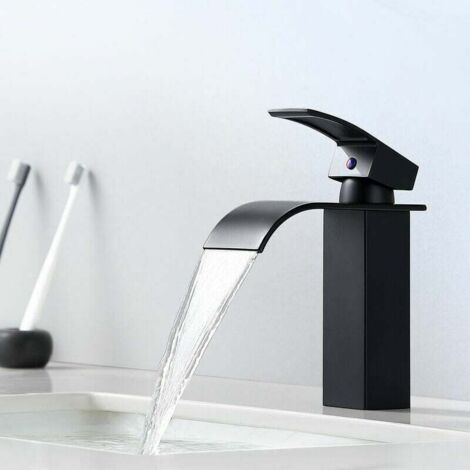 Auralum Einhebel-Wasserfall-Waschtischarmatur, Schwarz, moderner Einhebel-Badezimmer-Wasserhahn für Aufsatz-Waschtischarmaturen, geeignet für Einbauwaschbecken (1/4)