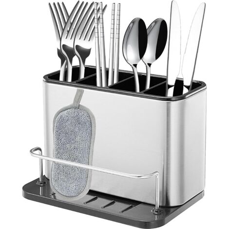 Besteck-Abtropfgestell, Gabel-Löffel-Organizer mit 4 Fächern mit Abtropffläche, für Messer und Gabel, Löffel, Spülbecken-Trockenkorb (Edelstahl) (1/5)