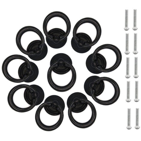Set of 10 black metal cabinet handles with screws, single-hole ring for cabinets, drawers and dressers