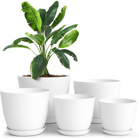 Tinor – Set of 5 self-watering flower pots 18/17/15/13/12 cm with saucers – Reinforced PP plastic – For indoor and outdoor use – Space-saving design (1/5)