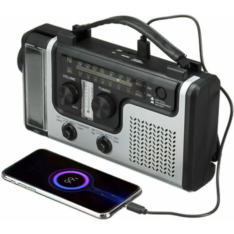 Portable Solar Radio, Hand Crank Self Powered AM/FM/SW1/SW2 Radio, Dynamo Weather Radio Emergency Device with 4-LED Flashlight and Phone Charger for Hiking Camping