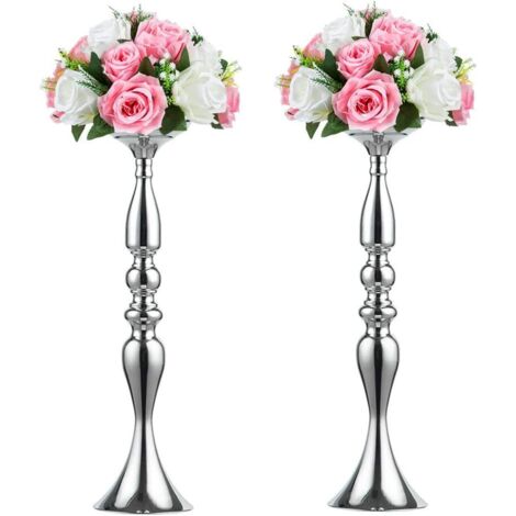 Metal Vase for Wedding Centerpieces Table Decoration-Artificial Flower Arrangement-Pillar Candle Holder Stand Set for Wedding Party Centerpiece Table Home Decor-2 Pcs -Silver (1/5)