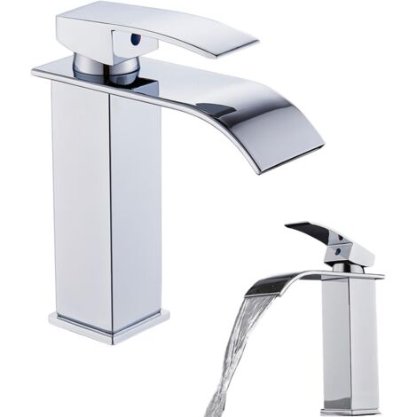 CCYKXA Basin Mixer Tap - Modern Waterfall Design with Pop-up Drain - Bathroom Sink Faucets Hot and Cold Water, Explosion-proof Stainless Steel Hose Included 60cm, Flat Opening (1/5)