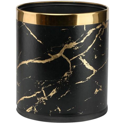 Double Layer Metal Trash Can, 10 Liter Trash Can with Marble Texture for Bedroom, Bathroom, Living Room, Kitchen, Office, Hotel (Golden Black Marble) (1/5)