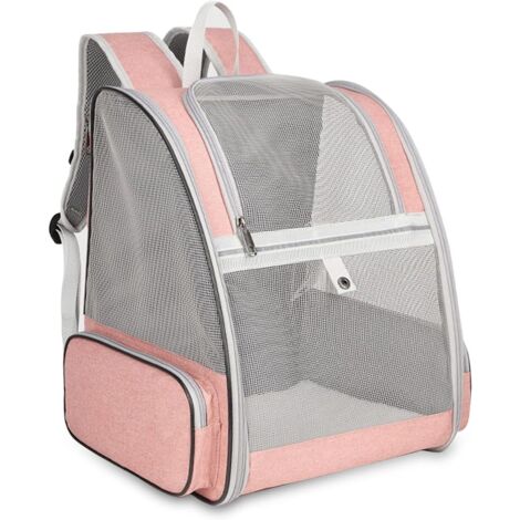 Dog Cat Carrier Bag, Foldable Breathable Mesh Pet Backpack with Metal Structure, Dog Transport Bag with Removable Plush Mattress, up to 7.5 kg, Pink
