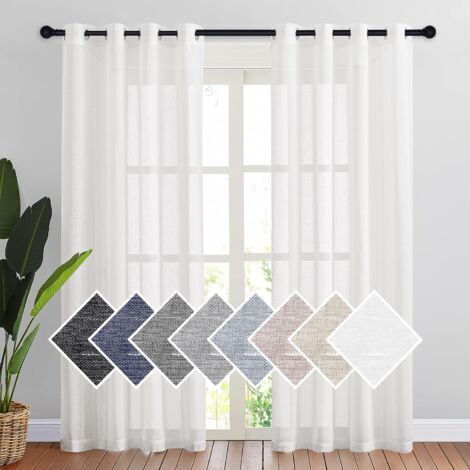 White Curtain - Sheer Window Curtains Light Filtering Half Sheer Eyelet Curtains Drapes Linen Voile Effect Home Decor, W 140 x H 220 cm, White, 2 Pieces