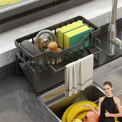 Kitchen Sink Basket Organizer, 304 Stainless Steel Sponge Holder with Auto Drain Tray (1/5)