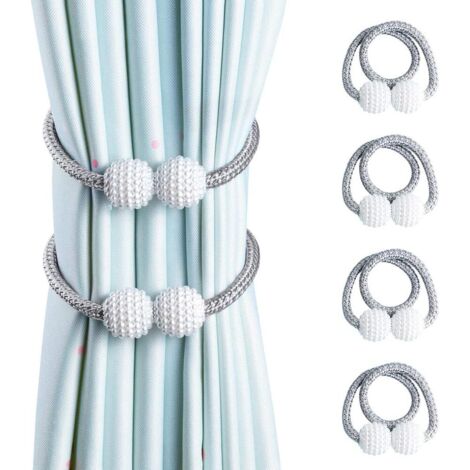 Curtain Tiebacks, 4 Pieces Magnetic Curtain Tie Backs, Pearl Design Curtain Drapes Clips Rope Holdbacks for Home Office Window Decoration (Grey 4 Pack)