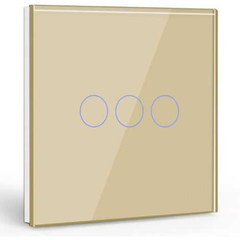3 Gang 1 Way Touch Switch, Gold Light Switch with LED Display Light, Touch Switch with Touch Sensor Crystal Glass Panel-No Neutral Wire
