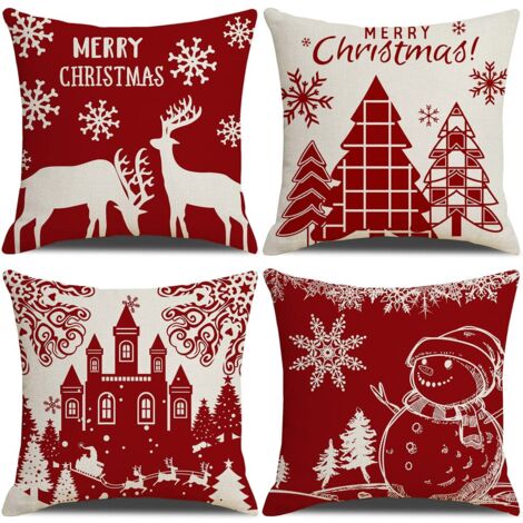 Christmas Cushion Cover 45x45cm, Set of 4 Christmas Decorative Sofa Cotton and Linen Christmas for Sofa Bed Bedroom Chair Garden - Red Christmas Decoration (1/5)
