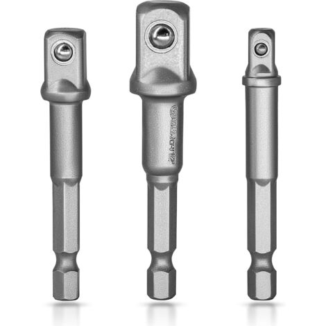 S&R socket adapter for drill/impact wrench. Set of 3 square chuck adapters 1/4", 1/2", 3/8" made of chrome vanadium (light gray) (1/5)