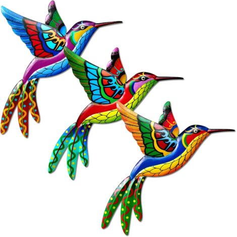 Tinor – 3 Pack metal hummingbird wall decor – Colorful birds wall ornaments for indoor outdoor use – Premium iron, anti-rust, easy to install (1/5)