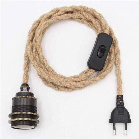 Vintage Hemp Rope Pendant Lamp Kit with Switch Socket DIY Single Head Hanging Light Cable Rope E27 Socket Textile Cord Decor Lighting for Bedroom Living Room Kitchen (Black)