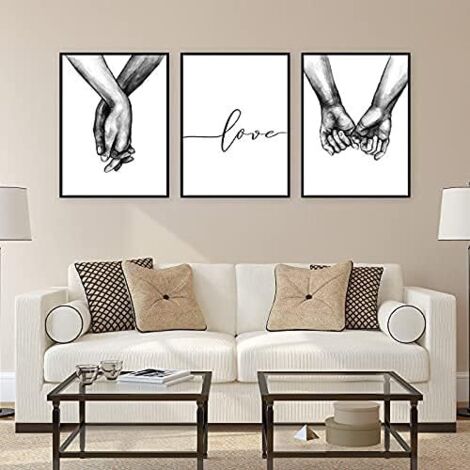 Decorative Wall Art Posters, 3Pcs Black White Style Wall Decoration Poster Deco Set, Holding Hands and Wall Love Quote, for Living Room Cafe, Frameless (30x40cm) (1/5)