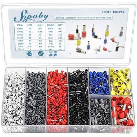 1800 pcs Insulated Crimp Terminal Boxes Wiring Ferrules Cable Lugs 0.5-10.00 mm² for Electrician Clamp