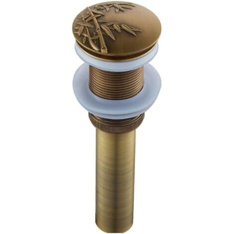 Tinor – Automatic push open sink drain plug – Antique brass click-clack pop-up waste plug – Fits 1 1/4" waste pipe – For vessel sinks without overflow (1/5)