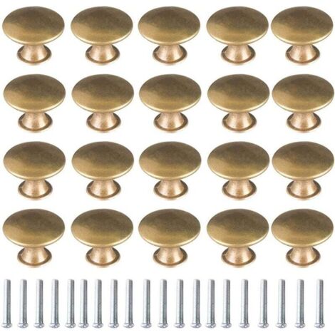 CCYKXA 20x Brushed Gold Vintage Brass Door Knobs 30mm Round Furniture Handles with Screws for Dresser Cabinet