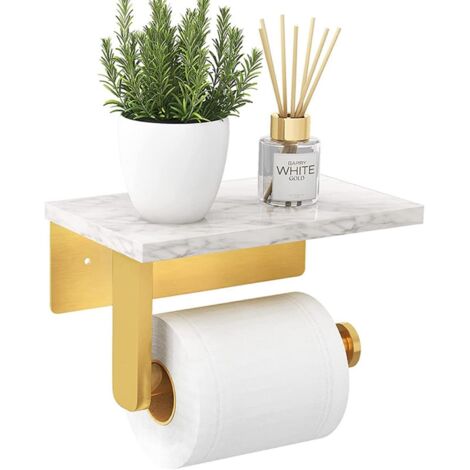 White Wall Mounted Toilet Paper Holder with Natural Marble Shelf for Bathroom Accessories (1/5)