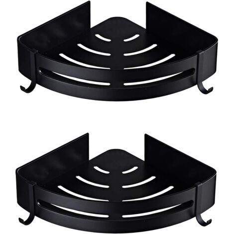 Bathroom Corner Shelves,Shower Shelf Corner Shelf No Drilling Shower Basket Caddy Shower Organiser Storage Corner Adhesive Aluminum Wall Mounted with Hooks (Triangle, 2 Pack, Black)