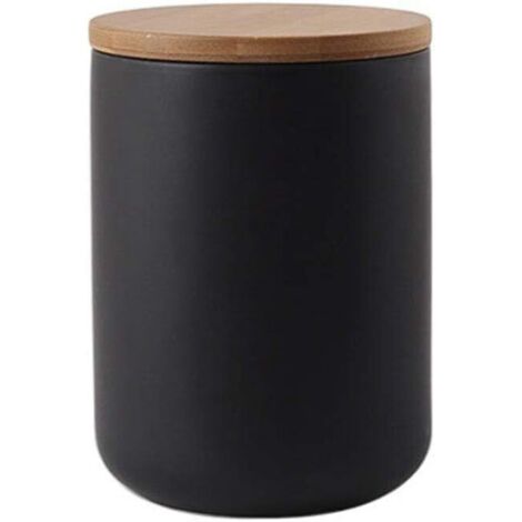Ceramic Food Storage Jar with Wooden Lid - Portable & Airtight - for Tea, Sugar, Coffee, Beans, Nuts, Tea - Black (800ml)